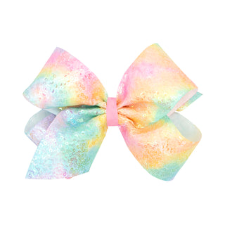 King Wee Ones Pastel Tie Dye Sequin Bow on Clippie
Multicolored glittery hair bow on a white background