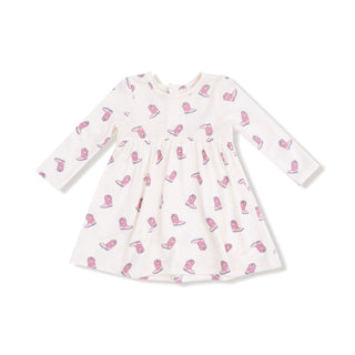 Angel Dear Long Sleeve Simple Dress + Bloomer - Petite Cowgirl Boots
White dress with pink pattern on a white background