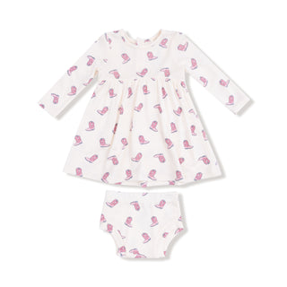 Angel Dear Long Sleeve Simple Dress + Bloomer - Petite Cowgirl Boots
Baby dress and diaper set with pink flamingo pattern on a white background