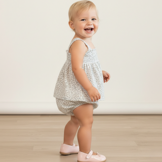 Makemake Organics organic scalloped top and bloomers set for babies, featuring tulle floral design and soft, breathable fabric.