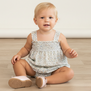 Makemake Organics organic scalloped top and bloomers set for babies, featuring tulle floral design and soft, comfortable fabric.