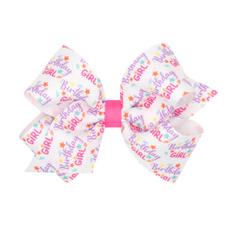 King Wee Ones Wee Ones Birthday Girl Hair Bow on Clippie 
Large hair bow with 'Birthday Girl' text on a white background