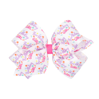 Medium Wee Ones Birthday Girl Hair Bow on Clippie
Large decorative bow with 'Birthday Girl' text on a white background