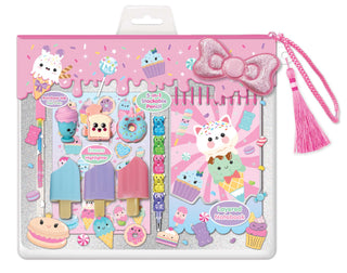 Hot Focus Sweet Coloring Set 
Set of stationery items including a notebook, pencil, and erasers in a pink packaging with cartoon characters.