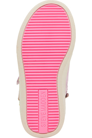 Steve Madden Toddler Delight High Top Sneaker - Pink
Top-down view of a Steve Madden shoe showing the sole, with a bright pink ribbed outsole and a beige rubber edge.