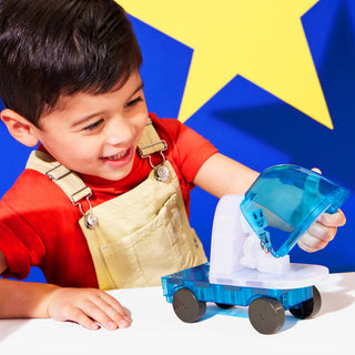 Magna-Tiles Space™ 32-Piece Set
Child playing with a toy car and clear blue object against a colorful background