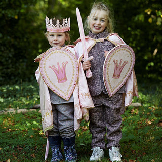 Liontouch Sword - Queen Rosa
Two children in knight costumes with shields and crowns outdoors.