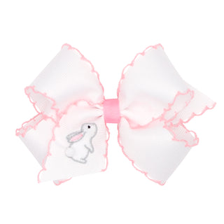 Medium Wee Ones Moonstitch Embroidered Bunny on White Hair Bow on Clippie
Large white bow with pink accents and a small embroidered bunny on a white background