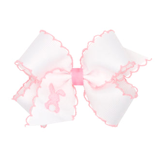 Moonstitch Embroidered Pink Bunny on White Hair Bow on Clippie
White lace bow with pink trim on a white background