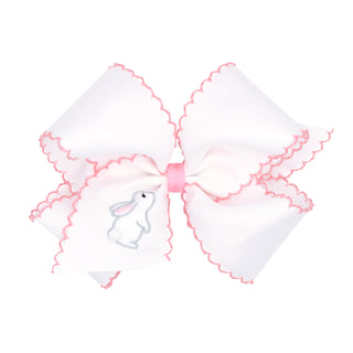 King Wee Ones Moonstitch Embroidered Bunny on White Hair Bow on Clippie
Large white bow with pink trim and a small bunny illustration on a white background