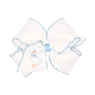 Wee Ones Moonstitch Embroidered King Goose on White Hair Bow on Clippie
Large decorative bow with a duck design on a white background