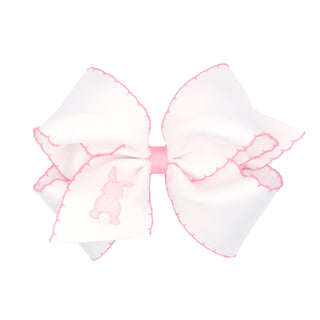 Moonstitch Embroidered Pink Bunny on White Hair Bow on Clippie