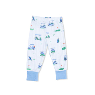 Angel Dear short sleeve pajama set with vintage golf cart print in blue, comfortable loungewear for relaxing at home.