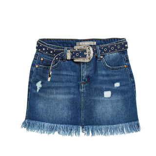 Tractr Girls Emma Western Belted Fray Hem Mini Skirt