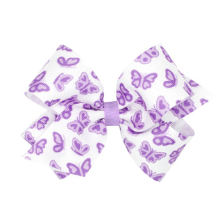 Medium Wee Ones Printed Hair Bow on Clippie - Light Orchid Butterfly 
White hair bow with purple butterfly pattern on a white background