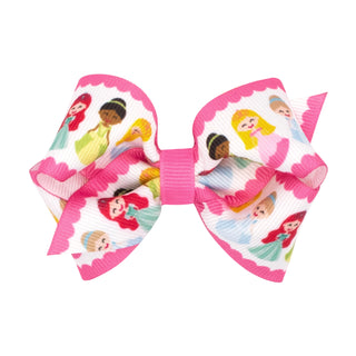 Extra Small Wee Ones Princesses Print Hair Bow on Clippie
A pink hair bow featuring a white ribbon printed with colorful cartoon princess characters and scalloped pink edges, set against a plain white background.
