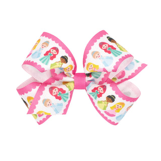 Medium Wee Ones Princesses Print Hair Bow on Clippie 
A large hair bow made of white grosgrain ribbon printed with colorful cartoon princess characters, finished with a pink scalloped edge and a pink center band, shown on a plain white background.
