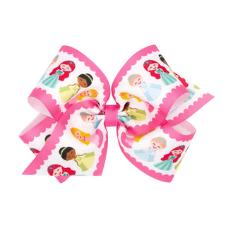 King Wee Ones Princesses Print Hair Bow on Clippie A large hair bow made of white ribbon with pink scalloped edges and printed cartoon princess illustrations, photographed on a plain white background.