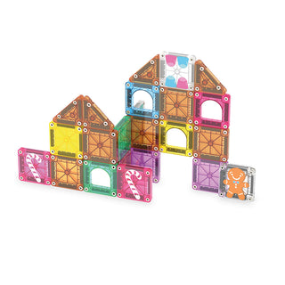 Magna-Tiles microMAGS Gingerbread House 24-Piece Travel Set
A set of colorful magnetic building blocks arranged to form house-shaped structures on a plain white background.