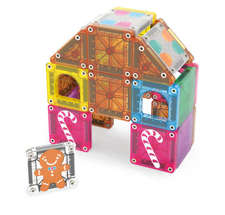 Magna-Tiles microMAGS Gingerbread House 24-Piece Travel Set
A colorful magnetic building toy set arranged to form a house-shaped structure, with a gingerbread man piece placed in front on a plain white background.