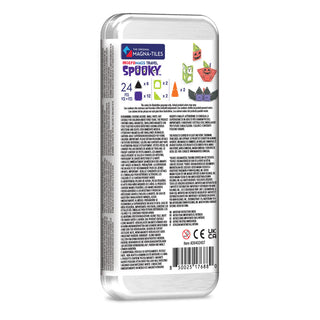 Magna-Tiles microMAGS Spooky 24-Piece Travel Set
The back of a clear plastic package containing 24 mini magnetic snap tiles, themed 'Spooky' with Halloween illustrations and color indicators, on a white background.