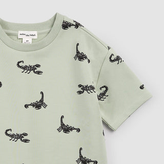 Miles the Label short sleeve shirt featuring a scorpion graphic on sage green fabric, casual and stylish men's shirt.