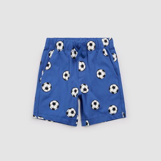 Miles the Label soccer ball on royal blue shorts, casual sportswear with athletic style and vibrant color details.