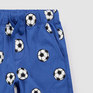 Miles the Label soccer shorts in royal blue with a ball graphic, featuring comfortable fabric and sporty design.