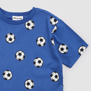 Royal blue T-shirt featuring Miles the Label soccer ball graphic, casual shirt with sporty design and vibrant print.