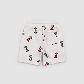 Back view of Miles the Label race cars shorts in grey, featuring colorful race car graphics on the fabric.