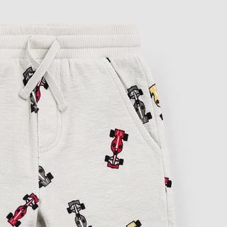 Miles the Label Race Cars grey shorts with colorful race car print, casual kids' shorts with elastic waistband.