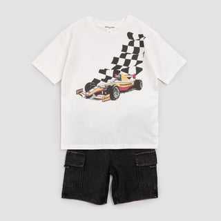 Miles the Label Grand Prix Off White T-Shirt with graphic design, casual shirt made from soft fabric, front view.