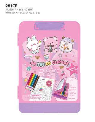 Hot Focus On The Go Clipbox - Critters
Pink and purple 'On the Go Clipbox' with cartoon characters and stationery items on a white background