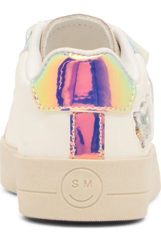 Steve Madden Toddler Fetti Sneaker
A close-up rear view of a low-top sneaker in off-white, featuring prominent iridescent holographic vertical stripes on the heel counter and a matching holographic accent on the side.