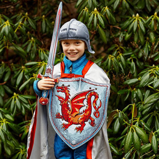 Liontouch Sword - Amber Dragon Knight
Child in medieval knight costume with shield and sword in front of green foliage