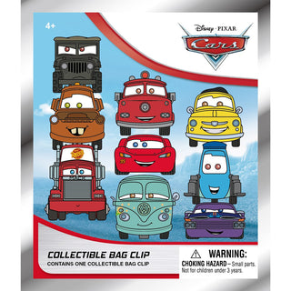 Cars 3D Foam Collectible Bag Clip
Disney Pixar Cars collectible bag clip packaging featuring multiple cartoon car characters on a white and blue card with a warning label at the bottom.