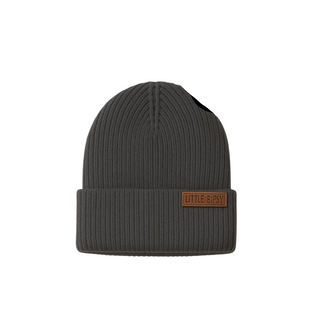 Little Bipsy Chunky Knit Beanie - Shadow
Dark gray beanie with a brown leather patch on a white background