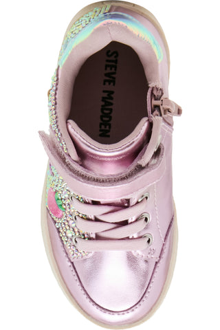 Steve Madden Toddler Delight High Top Sneaker - Pink
A metallic pink high-top sneaker with a side zipper, decorative rhinestone embellishments, and a visible 'STEVE MADDEN' brand name printed on the inner sole, shown against a plain white background.