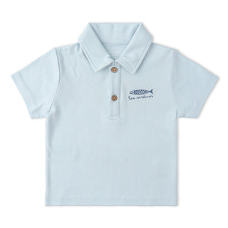 Makemake Organics organic light blue polo shirt and shorts set for kids, 2-piece outfit, casual and comfortable clothing.