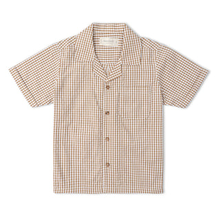 Makemake Organics organic shirt and shorts set in caramel check pattern, 2-piece casual outfit for kids.