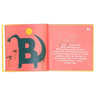 Dino Alphabet Hardcover Book
Open book with a dinosaur illustration and text on a pink background