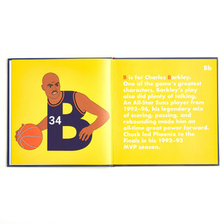 Suns Legends Alphabet Hardcover Book
Open book with illustration of a basketball player and text on a yellow background