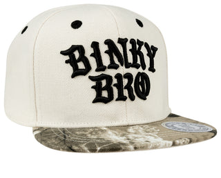 BinkyBro Kids Durban SB Hat
White cap with 'Binky Bro' text and camouflage brim on a white background