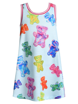 Baby Sara Gummy Bear print A-line dress for baby girl, featuring colorful gummy bear pattern and soft fabric.