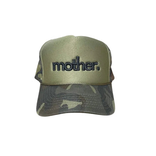 Olive camo embroidered trucker hat by Mother Hats featuring mesh back and front logo embroidery.