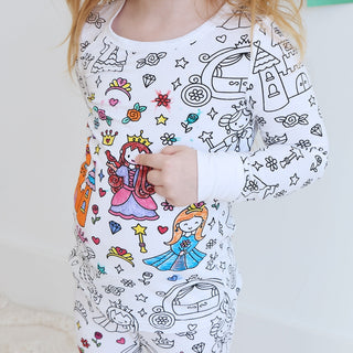 Caden Lane Colorable Two Piece Pajama Set featuring a whimsical Far Far Away design with a top and matching pants for kids or adults.