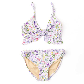 Shade Critters Tween Girls Ruffle Two Piece Swimsuit- Wildflower Fields
Floral bikini set with a bow detail on a white background
