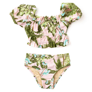 Shade Critters Girls Smocked Puff Sleeve Two Piece Swim Set - Blush Tropics
Tropical print bikini set on a white background