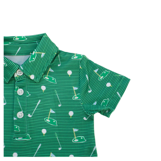 Hollis Baker Kyle Polo - Golf
Green children's polo shirt with golf pattern on a white background