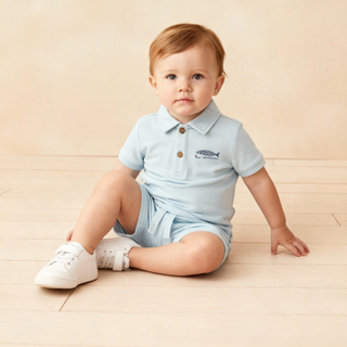 Makemake Organics light blue organic polo shirt and shorts set for kids, 2-piece casual outfit, soft and comfortable fabric.